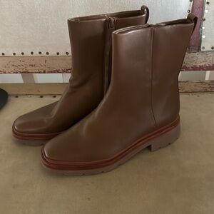 Vince Remi Boots Leather Block Heel Booties Dark Taupe NEW